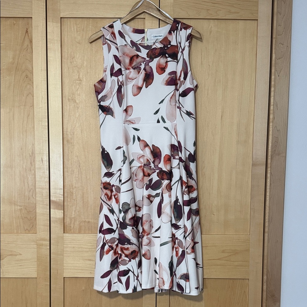 Calvin Klein White Sleeveless Midi Dress with Pink & Burgundy Floral Print